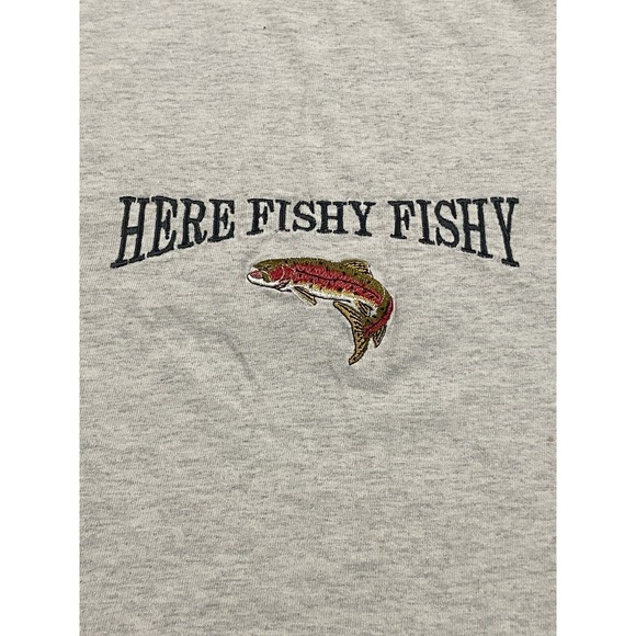 Vintage 90s Fishing "Here Fishy Fishy" Embroidered Logo Gray T-Shirt Size XL - Picture 2 of 8